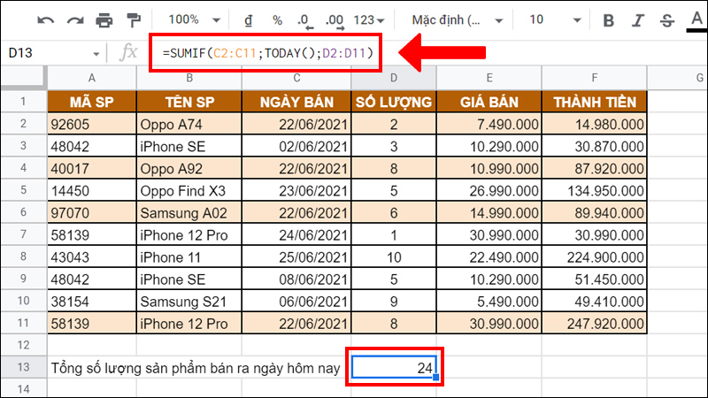 Tính tổng số lượng sản phẩm bán ra ngày hôm nay.