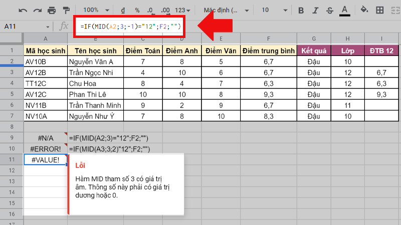 Lỗi #VALUE