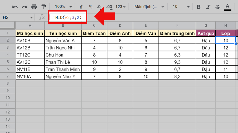 Ví dụ về hàm MID