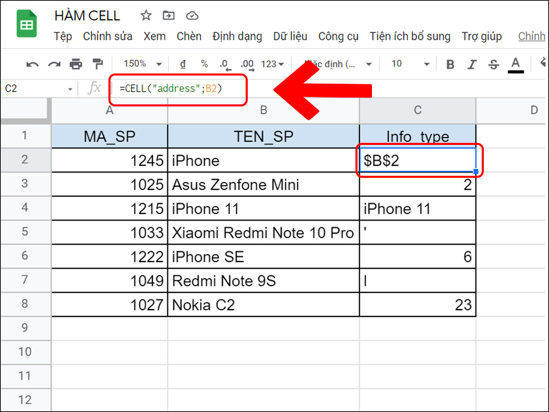 Công thức hàm CELL lấy giá trị kiểu địa chỉ