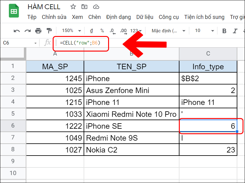 Công thức hàm CELL lấy số hàng