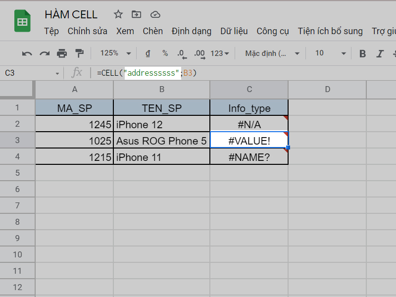 Lỗi #VALUE! trong hàm CELL