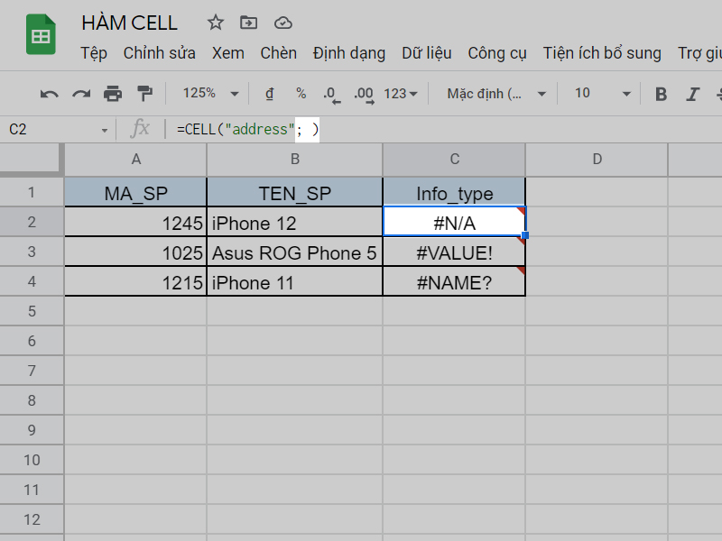 Lỗi #N/A trong hàm CELL