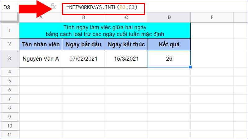 Ví dụ về hàm NETWORKDAYS.INTL