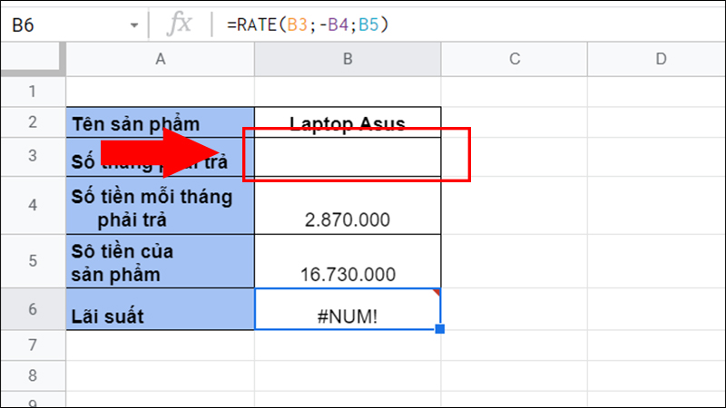 Lỗi #NUM! do thiếu giá trị