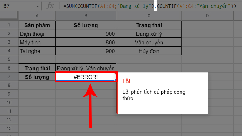 Nhập sai công thức dấu chấm phẩy (;) thành dấu phẩy (,)