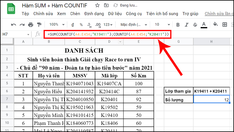 Đếm số lượng sinh viên 2 lớp K19411 và K20411 tham gia giải chạy