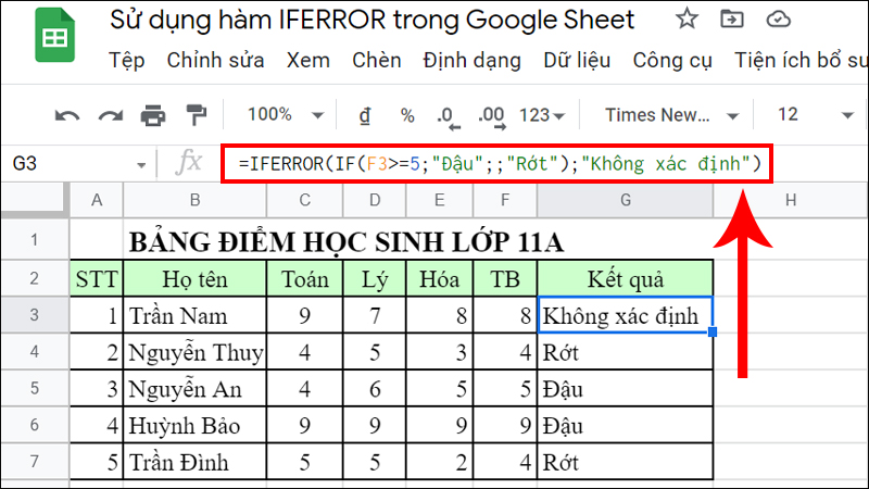 Kết hợp hàm IFERROR với hàm IF, trả lỗi #NA thành “Không xác định”