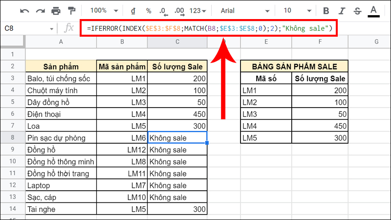 Những sản phẩm không sale sẽ trả lỗi #NA thành “Không sale”