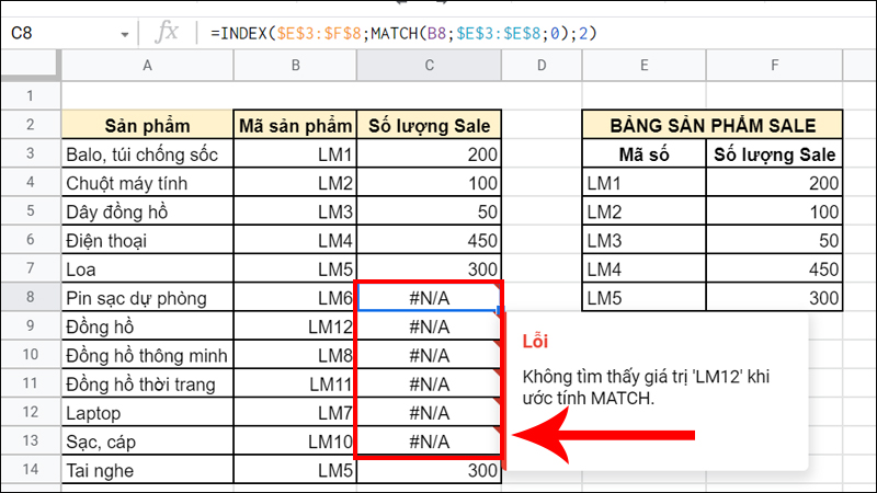 Hàm kết hợp INDEX, MATCH bị lỗi #NA vì không tìm thấy đối tượng dò tìm 