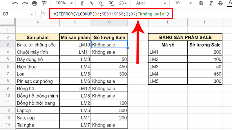 Những sản phẩm không sale sẽ trả lỗi #NA thành “Không sale”