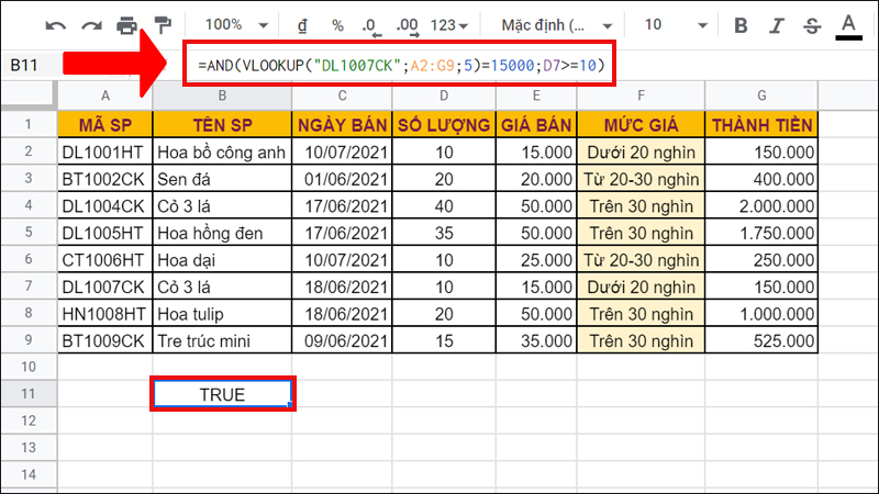 Hàm AND kết hợp với hàm VLOOKUP