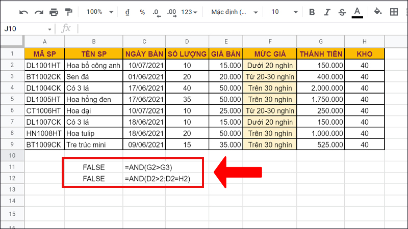 Các lưu ý khi sử dụng hàm AND trong Google Sheet