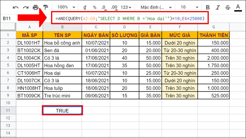 Hàm AND lồng QUERY