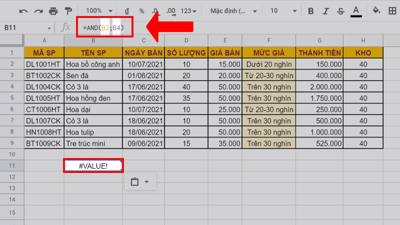 Lỗi #VALUE!