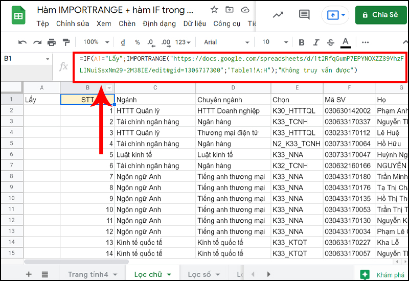 Kéo dữ liệu từ file khác và lọc theo điều kiện so sánh chữ