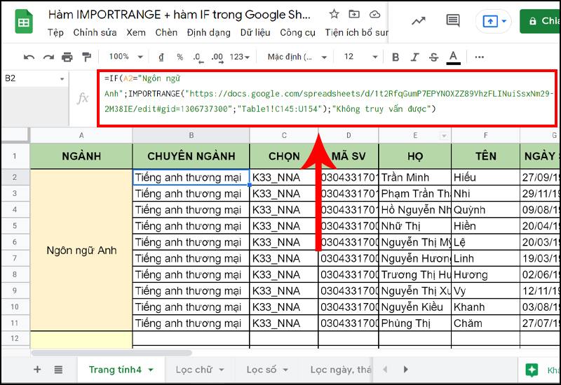 Toàn bộ dữ liệu của 10 bạn sinh viên học ngành Ngôn ngữ Anh