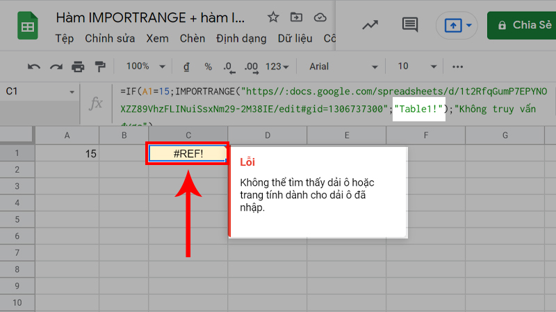 Lỗi #REF! hiển thị khi công thức không tham chiếu đến dải ô hợp lệ