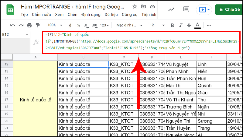 Dữ liệu đến cột Giới tính (cột K) của 10 bạn sinh viên của ngành Kinh tế quốc tế