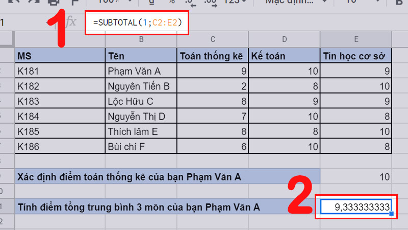 Ví dụ minh họa hàm SUBTOTAL