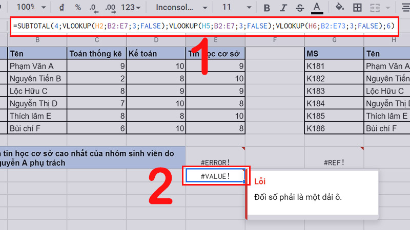 Lỗi #VALUE