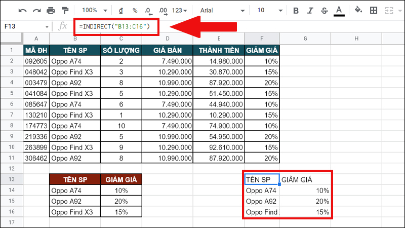 Ví dụ minh họa hàm INDIRECT