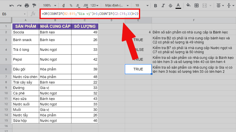 Kết hợp hàm COUNTIF và hàm OR
