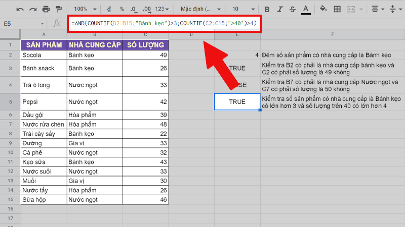 Kết hợp hàm COUNTIF và hàm AND