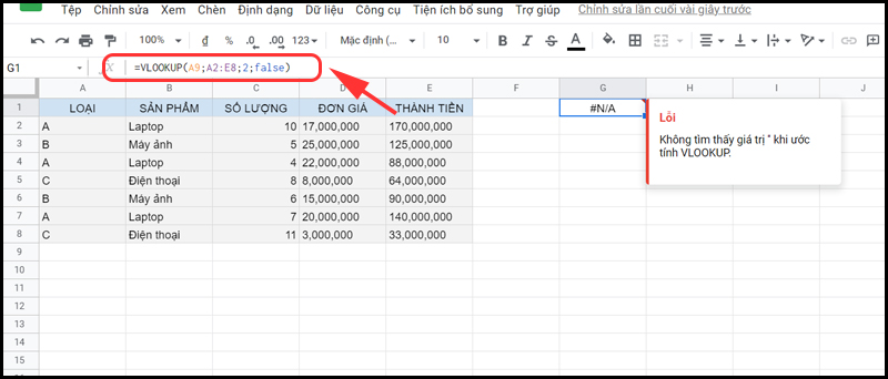 Ô A9 không tồn tại giá trị tham chiếu nên gây lỗi #N/A