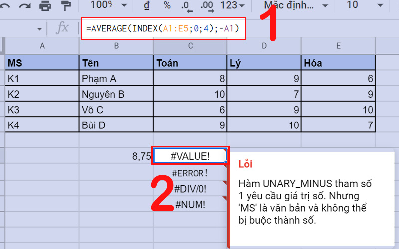 Lỗi #VALUE