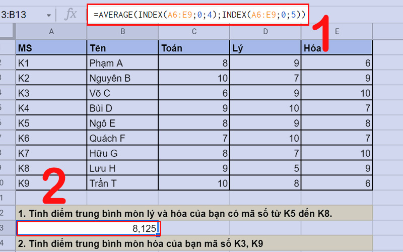 Điểm trung bình môn lý và hóa của bạn có mã số từ K5 đến K8