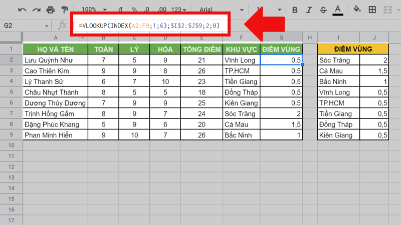 Kết hợp hàm INDEX và VLOOKUP