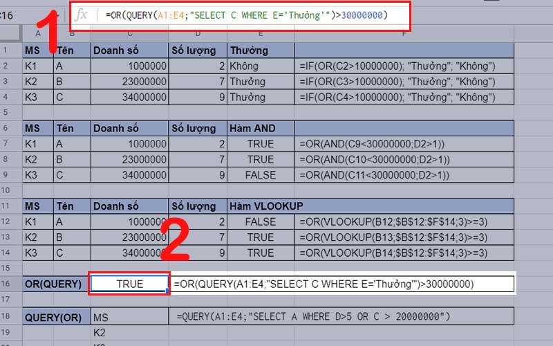 Hàm OR lồng QUERY