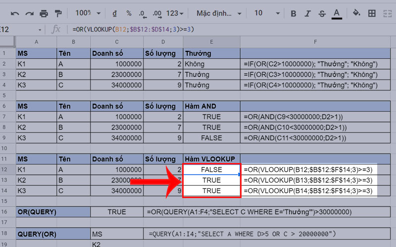 Hàm OR kết hợp với hàm VLOOKUP