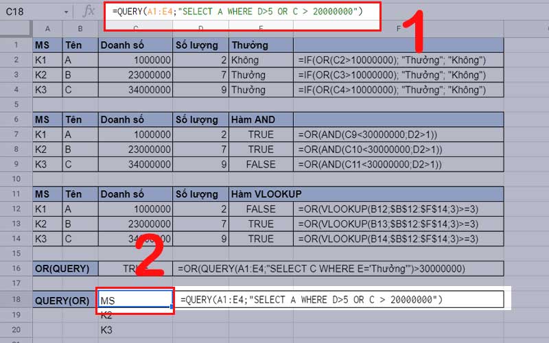 Hàm QUERY lồng OR