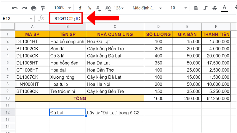 Ví dụ minh họa hàm RIGHT