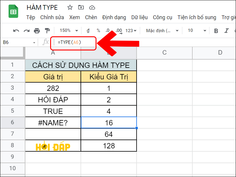 Ví dụ hàm TYPE với kiểu giá trị lỗi