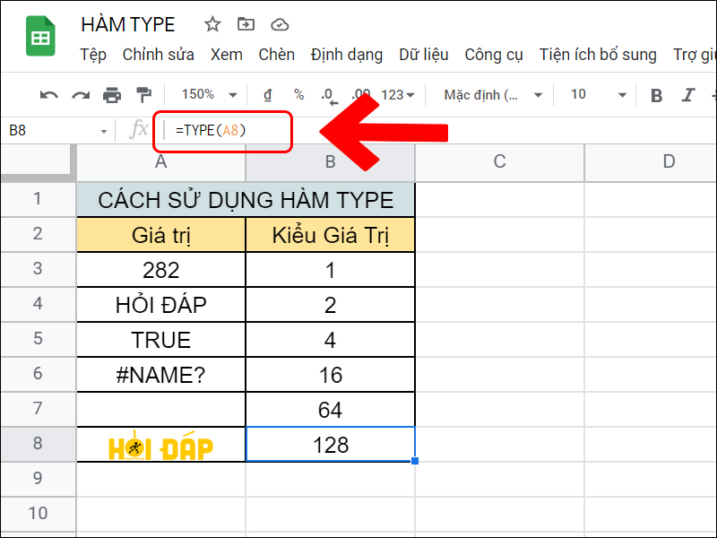 Ví dụ hàm TYPE với hình ảnh