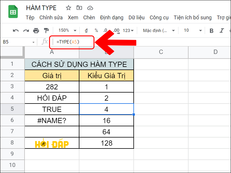 Ví dụ hàm TYPE với kiểu Logic