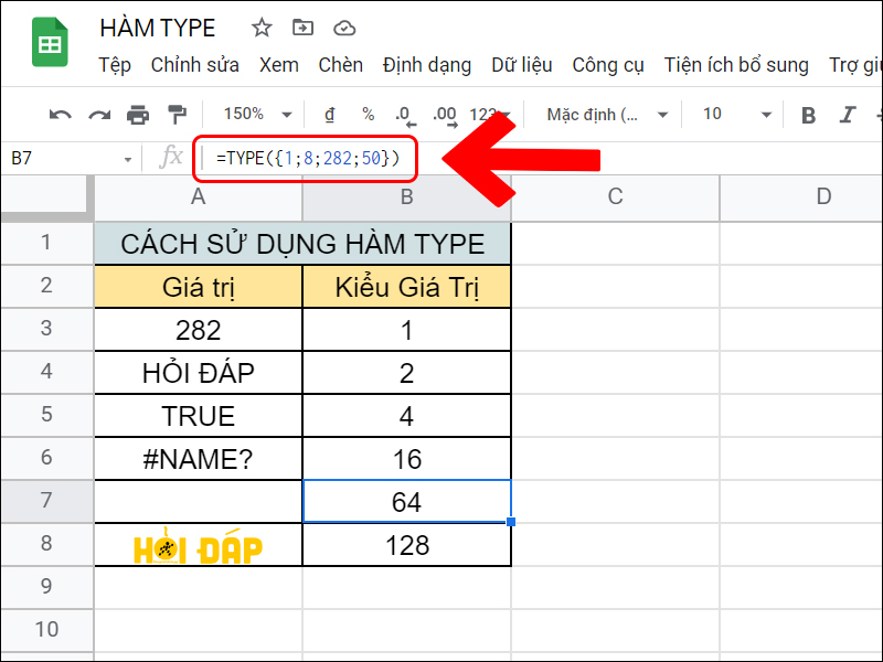 Ví dụ hàm TYPE với kiểu mảng