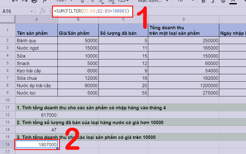 Tổng doanh thu cho các loại sản phẩm có giá trên 10000