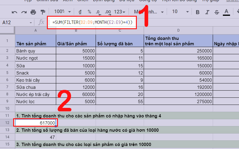 Tổng doanh thu cho các sản phẩm có nhập hàng vào tháng 4