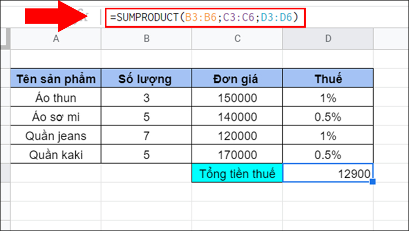 Tính tổng tiền thuế của sản phảm