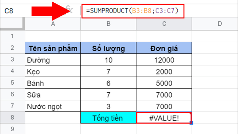 Lỗi #VALUE! trong hàm SUMPRODUCT