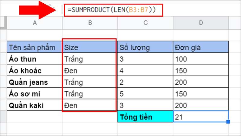 Ví dụ kết hợp hàm SUMPRODUCT với hàm LEN