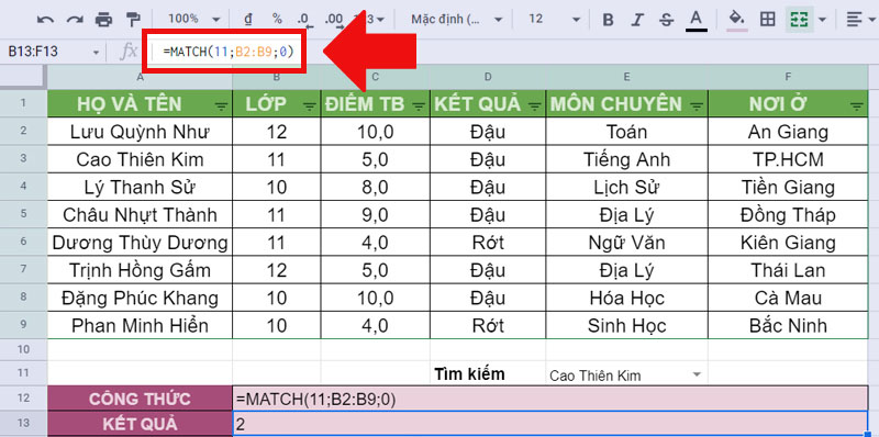 Hàm MATCH kiểu tìm kiếm là 0