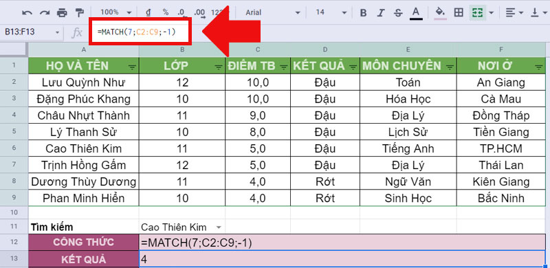 Hàm MATCH kiểu tìm kiếm là -1