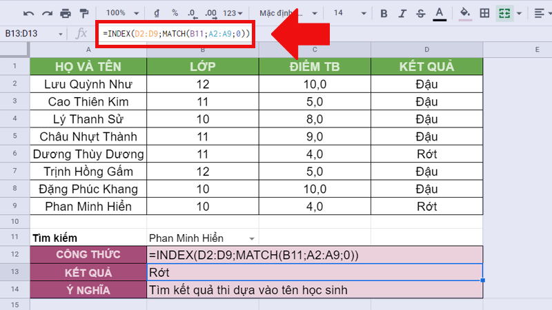 Kết hợp với hàm INDEX