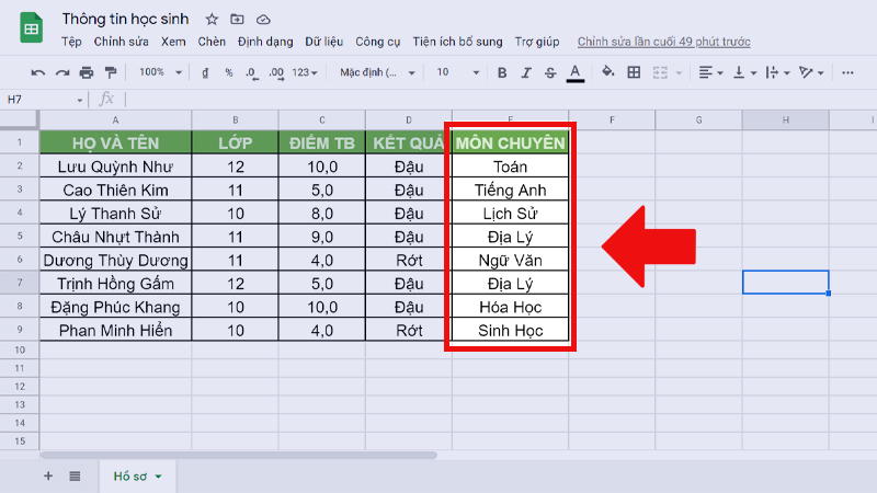 Cột MÔN CHUYÊN trong file Thông tin học sinh