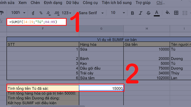 Tính tổng tiền mà bạn Tú đã dùng